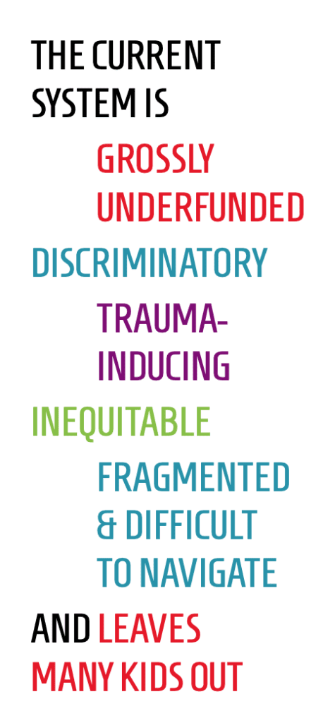 The current system is grossly underfunded discriminatory, trauma inducing and equitable, fragmented and difficult to navigate and leaves many kids out